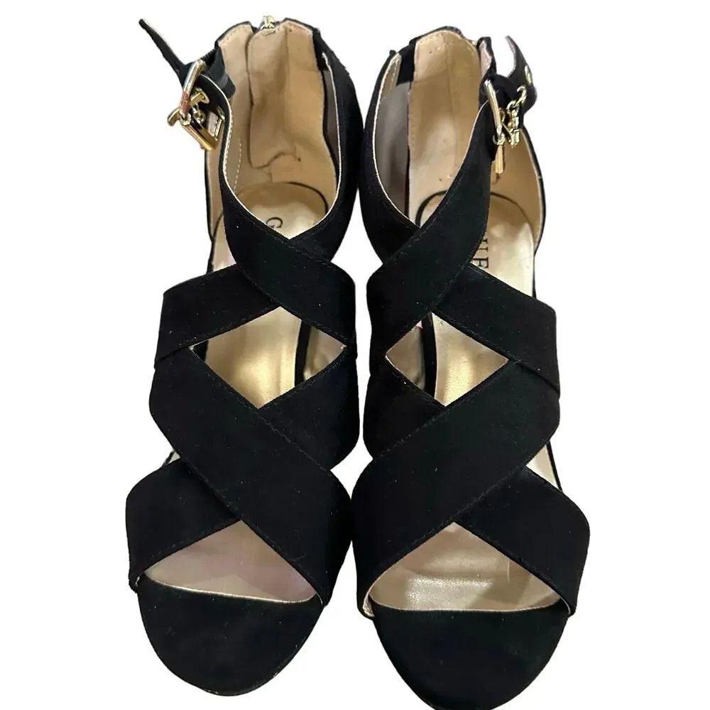 Guess strappy‎ sandal block chunky heels   Criss cross  size 6.5 suede leather